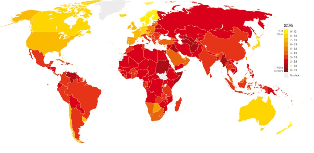 Darstellung des Korruptionswahrnehmungsindex 2011 von Transparency International.