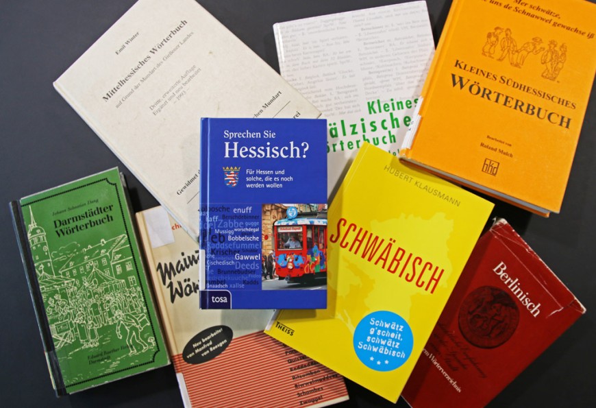 Mehrere Dialektwörterbücher liegen auf einem Stapel. Bild: Paul Glogowski