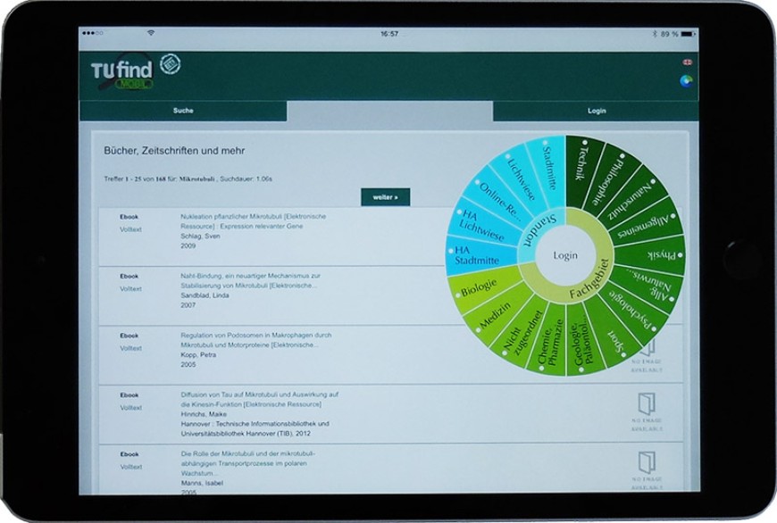 Screenshot des mobilen Suchportals TUfind. Bild: Wolfgang Stille