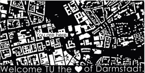 Gestaltungswettbewerb für Erstsemester-Taschen im Wintersemester 2016/17. Zweiter Platz: „Welcome TU the Heart of Darmstadt” von Leonie Peters.