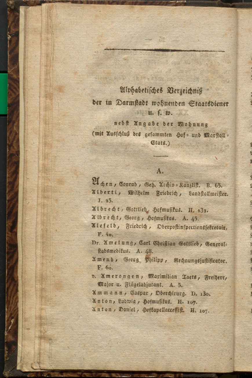 Seite aus dem ersten Darmstädter Adressbuch 1819, Signatur ULB Zs 4159. Bild: ULB