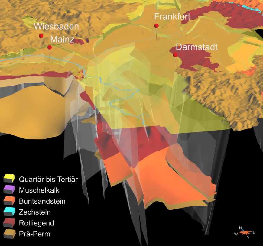 Geologisches 3D-Modell des Rhein-Main-Gebiets: Im Auftrag des Hessischen Ministeriums für Umwelt, Energie, Landwirtschaft und Verbraucherschutz hat das Institut für Angewandte Geowissenschaften der TU Darmstadt ein virtuelles Modell der Bodenverhältnisse des Landes entwickelt. Allem voran sollen Gebiete mit geothermischem Potenzial ausfindig gemacht werden, die sich für den Bau von Erdwärme-Kraftwerken eignen. Auch Rohstoffe können virtuell im Untergrund gesucht werden. Bild: Dirk Arndt / TU Darmstadt
