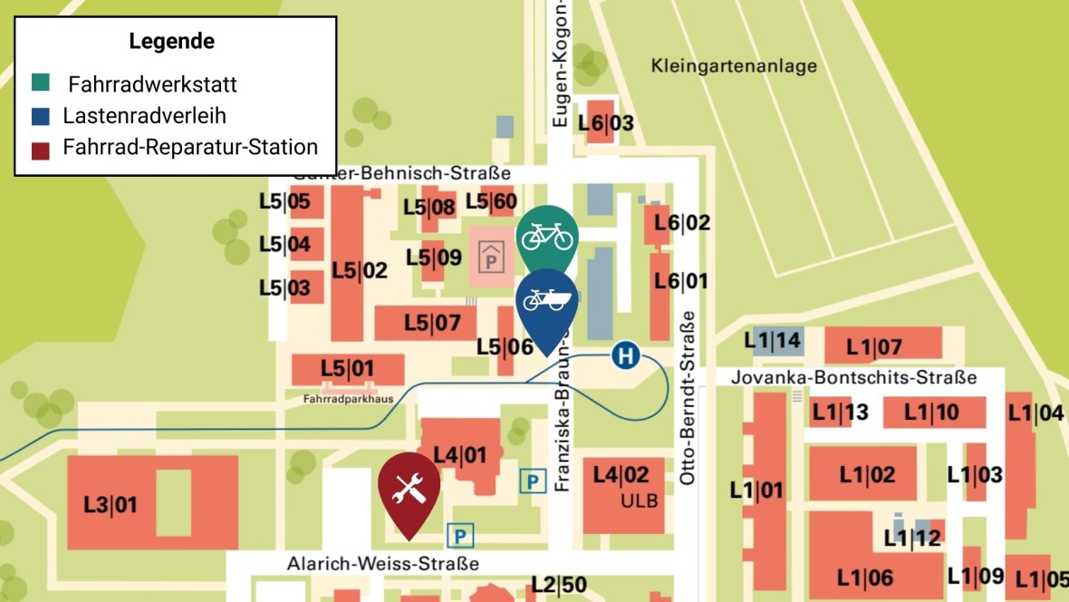 Lageplan: Fahrradwerkstatt, Lastentradverleih, Fahrradreparatur-Station LiWi