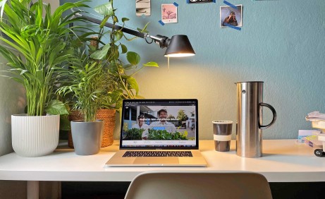 Schreibtisch mit Laptop, Pflanzen, Teekanne und Tasse