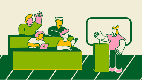 Illustration mit Dozent:in und Studierenden in einem Hörsaal