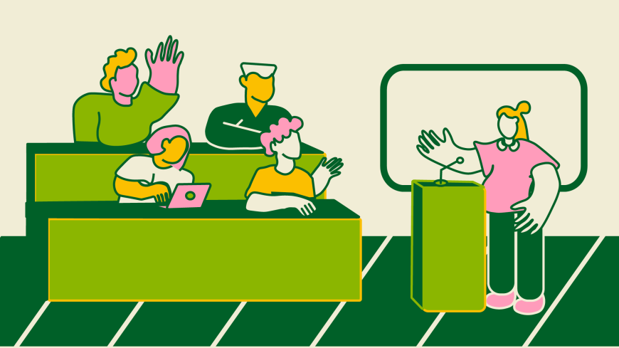 Illustration mit Dozent:in und Studierenden in einem Hörsaal