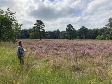 Eine junge Frau steht auf einer wilden Blumenwiese am Waldrand.
