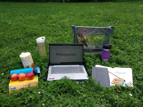 Outdoor-Arbeitsplatz im Parl mit Laptop, Verpflegung und allerlei Arbeitsmaterialien. // Outdoor workstation in the parl with laptop, food and all kinds of working materials.