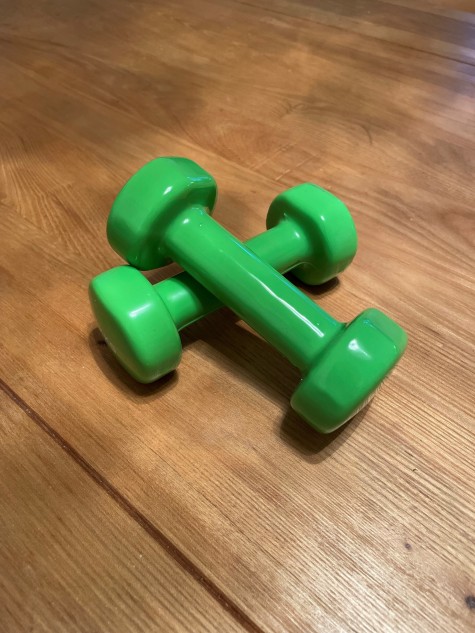 Zwei grüne Hanteln. // Two green dumbbells.